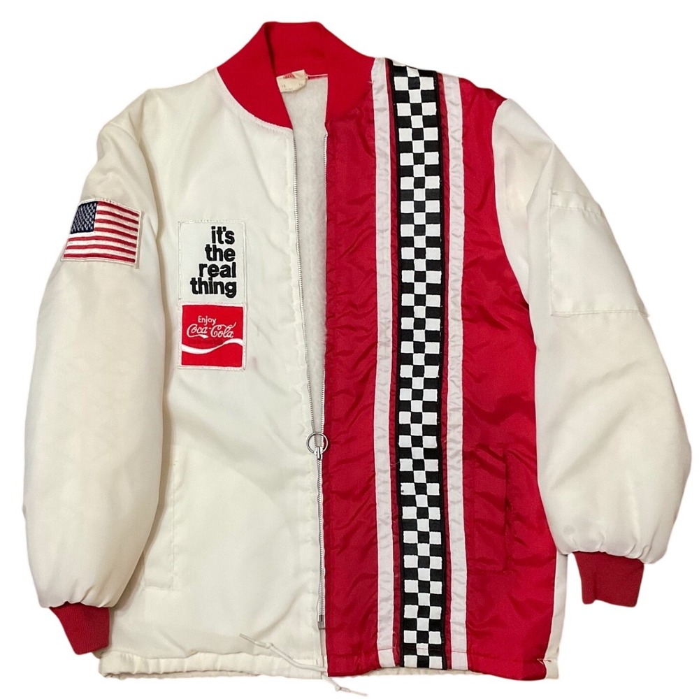 Vintage Great Lakes Coca-Cola Racing Jacket White Red Checkered Flag Mens 16